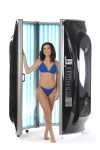 Solar Storm 48ST Commercial Vertical Tanning Bed with 48 lamps open with model